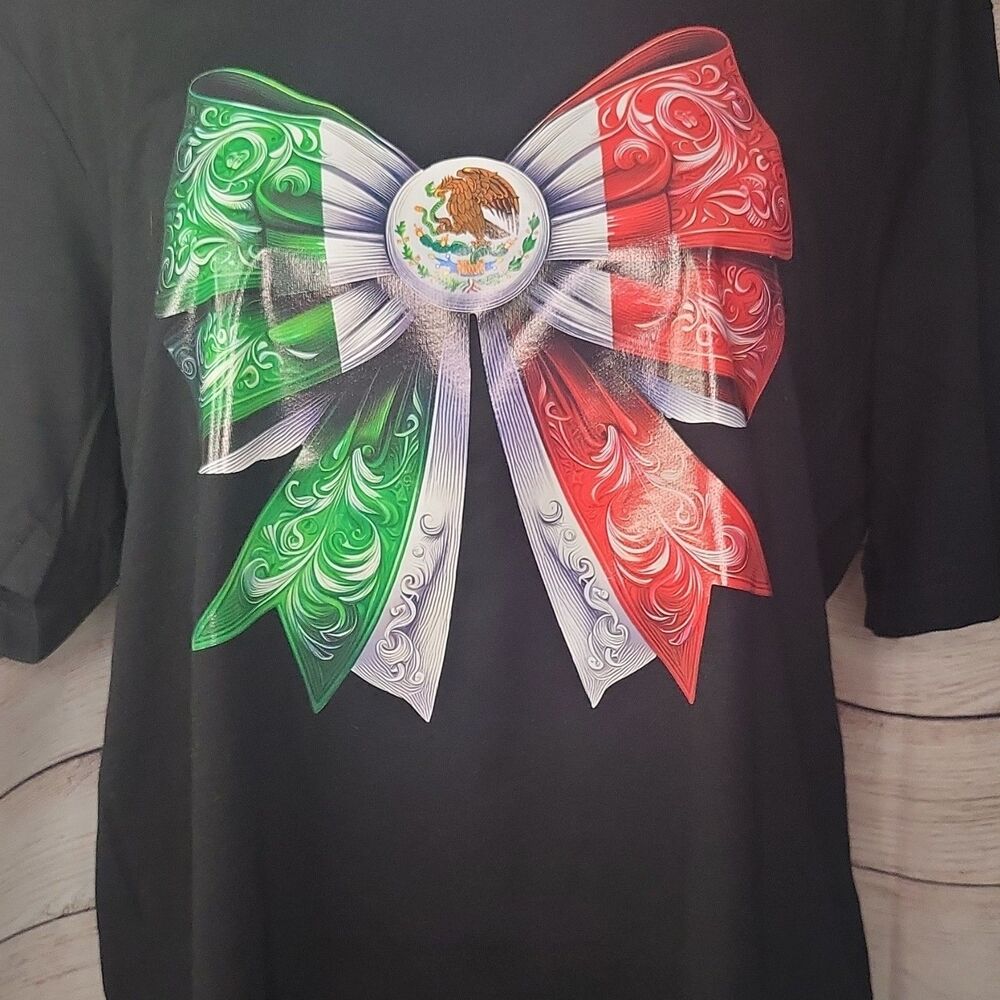 Womans Black Mexican Flag Bow Graphic Cotton Short Sleeve Crew Neck T-Shirt